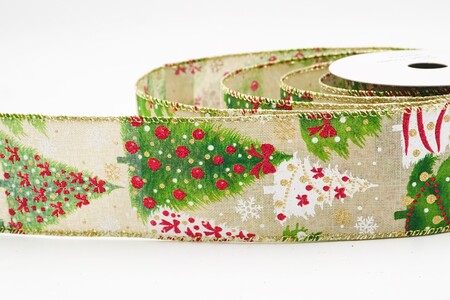 Nastro con filo beige glitterato con alberi di Natale_KW0443G-14